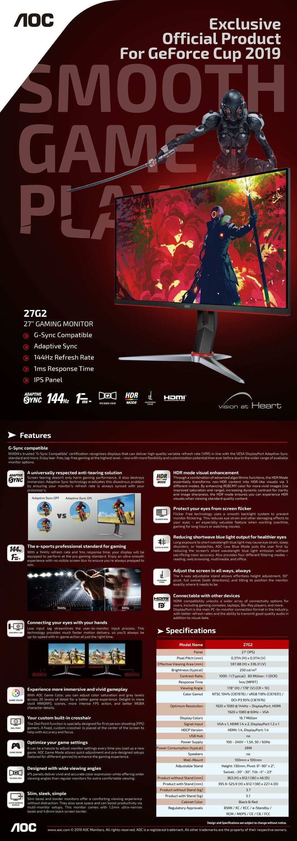 AOC 27G2 27" IPS 1ms 144Hz Full HD HDR FreeSync Gaming ...