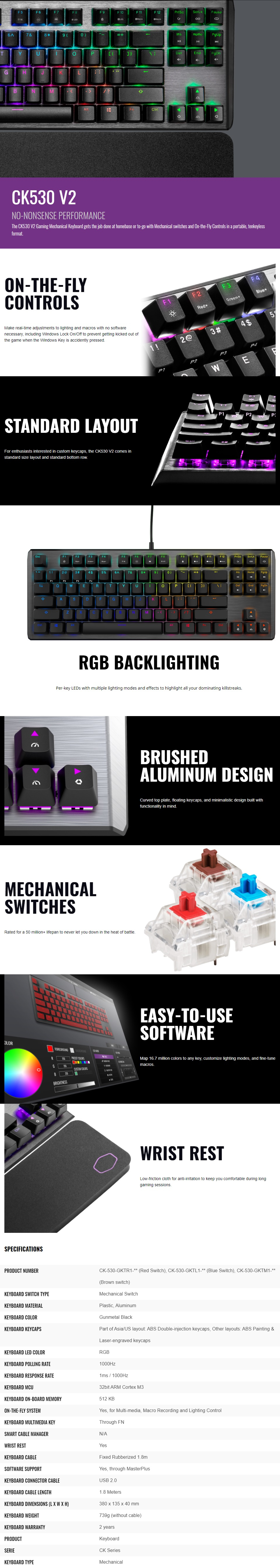 Cooler Master Ck530 V2 Rgb Tkl Mechanical Gaming Keyboard Red Switches Ck 530 Gktr1 Us Pcbyte Australia